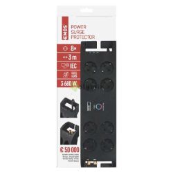  EMOS tlfeszltsgvd 8 aljzat 3m fekete 1800J 3x1,5mm2